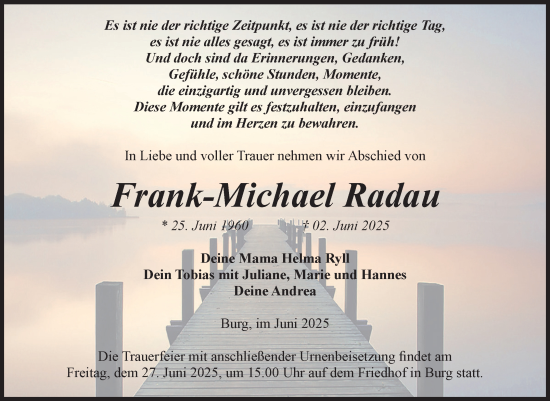 Traueranzeige von Frank-Michael Radau von Volksstimme Burg/Genthin