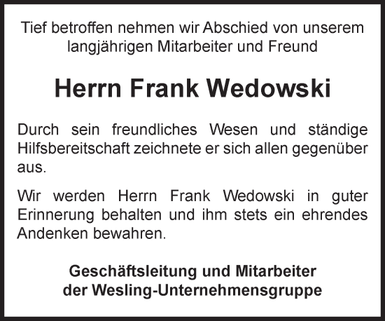 Traueranzeige von Frank Wedowski von Volksstimme Staßfurt