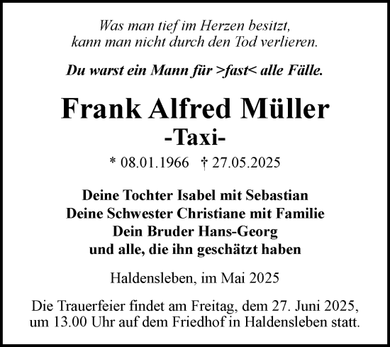 Traueranzeige von Frank Alfred Müller von Volksstimme Haldensleben/Wolmirstedt