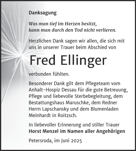 Traueranzeige von Fred Ellinger von Trauerkombi Bitterfeld