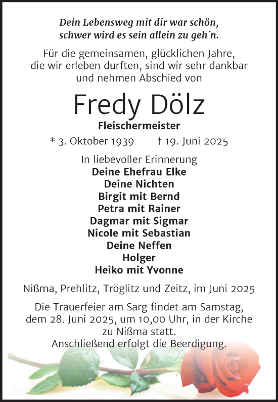 Traueranzeige von Fredy Dölz von Trauerkombi Zeitz