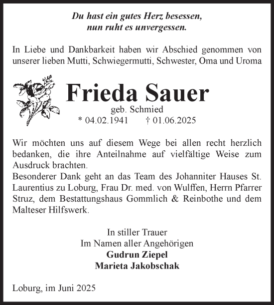 Traueranzeige von Frieda Sauer von Volksstimme Zerbst