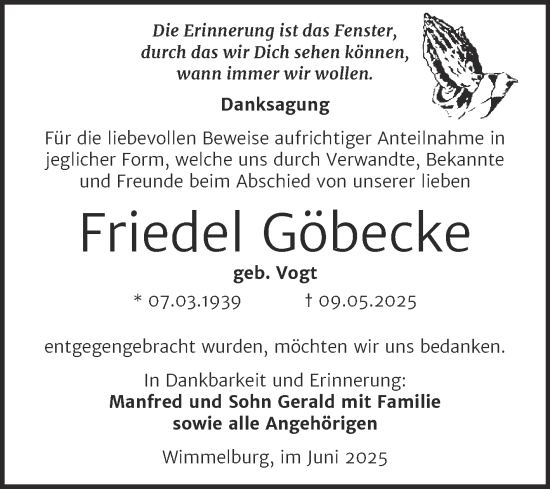Traueranzeige von Friedel Göbecke von Trauerkombi Mansfelder Land