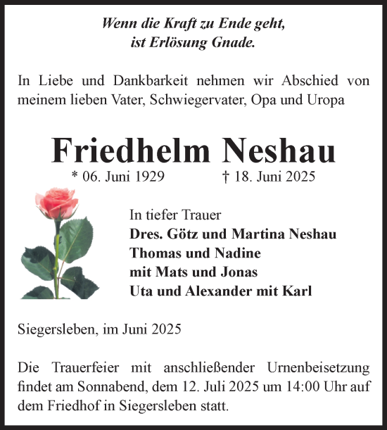 Traueranzeige von Friedhelm Neshau von Volksstimme Oschersleben/Wanzleben