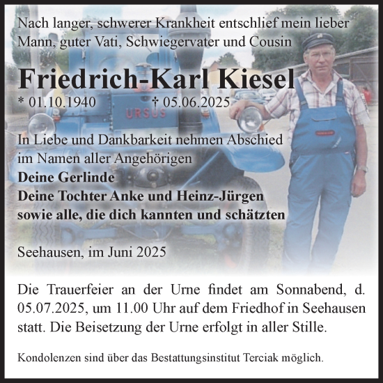 Traueranzeige von Friedrich-Karl Kiesel von Volksstimme Oschersleben/Wanzleben