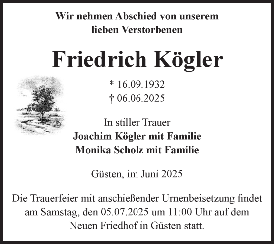 Traueranzeige von Friedrich Kögler von Volksstimme Staßfurt