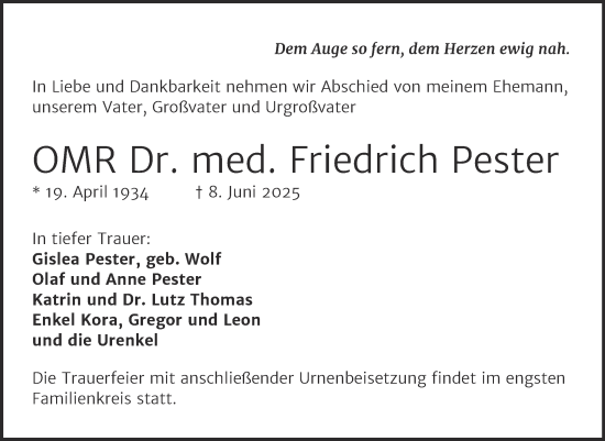 Traueranzeige von Friedrich Pester von Mitteldeutsche Zeitung Halle/Saalkreis