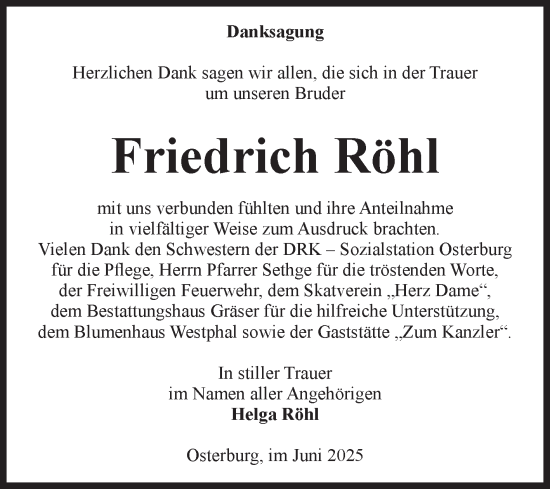 Traueranzeige von Friedrich Röhl von Volksstimme Altmark Ost
