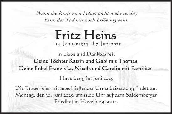 Traueranzeige von Fritz Heins von Volksstimme Altmark Ost