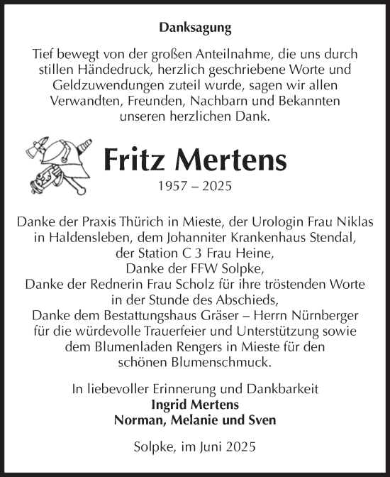 Traueranzeige von Fritz Mertens von Volksstimme Altmark West