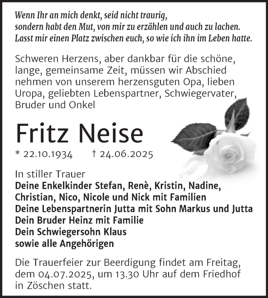 Traueranzeige von Fritz Neise von Trauerkombi Merseburg