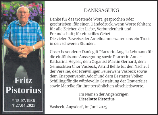 Traueranzeige von Fritz Pistorius von Trauerkombi Mansfelder Land