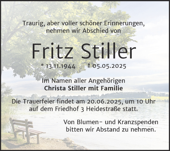Traueranzeige von Fritz Stiller von Trauerkombi Dessau