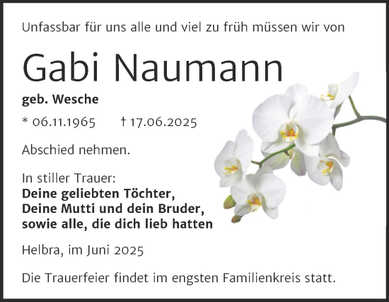 Traueranzeige von Gabi Naumann von Trauerkombi Mansfelder Land