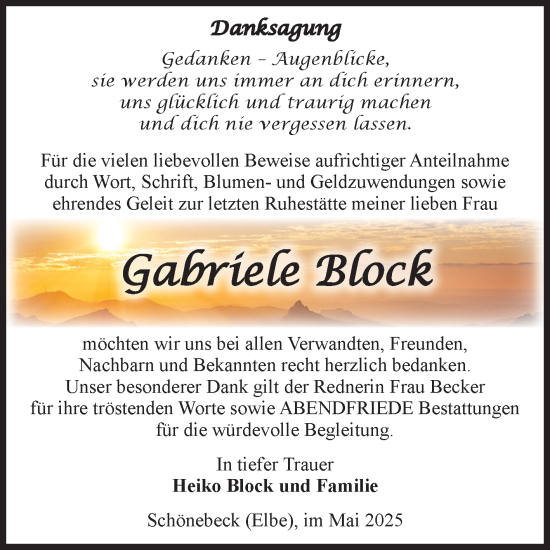 Traueranzeige von Gabriele Block von Volksstimme Schönebeck
