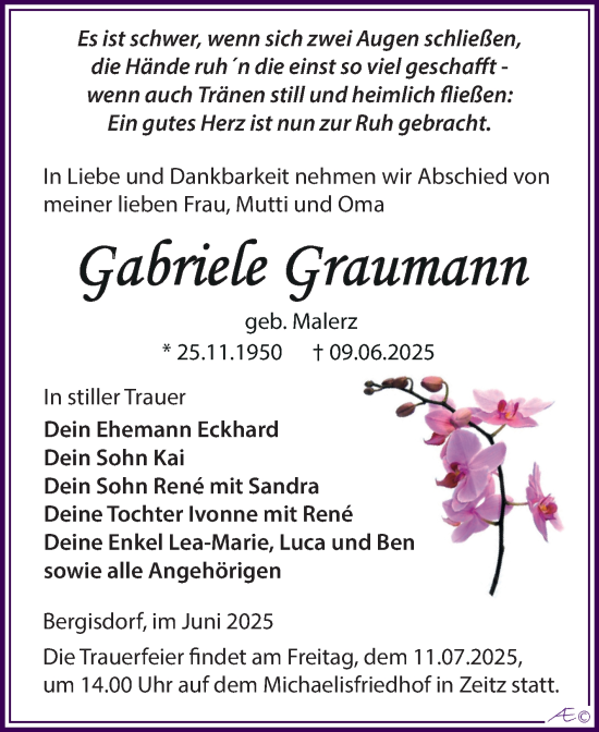 Traueranzeige von Gabriele Graumann von Trauerkombi Zeitz