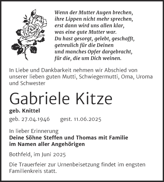 Traueranzeige von Gabriele Kitze von Trauerkombi Weißenfels