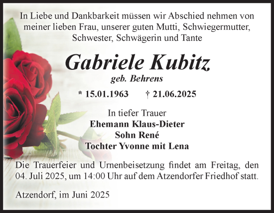 Traueranzeige von Gabriele Kubitz von Volksstimme Staßfurt