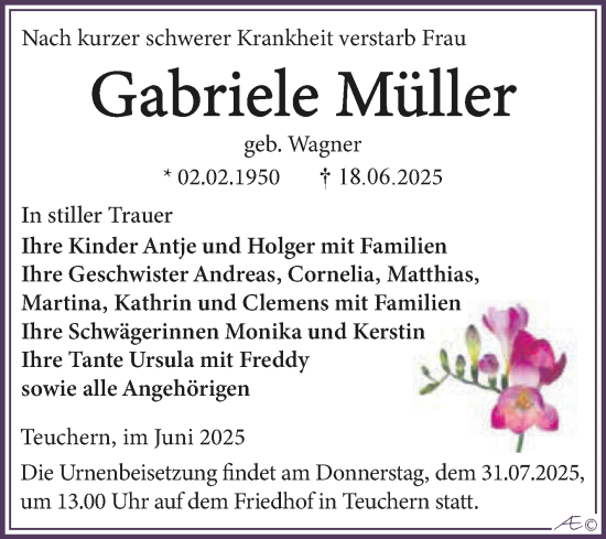 Traueranzeige von Gabriele Müller von Trauerkombi Weißenfels