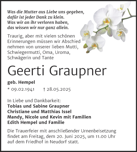Traueranzeige von Geerti Graupner von Trauerkombi Quedlinburg
