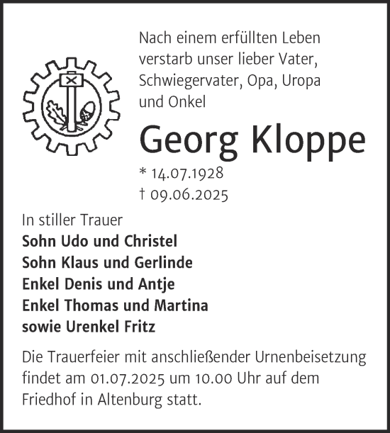 Traueranzeige von Georg Kloppe von Trauerkombi Bernburg
