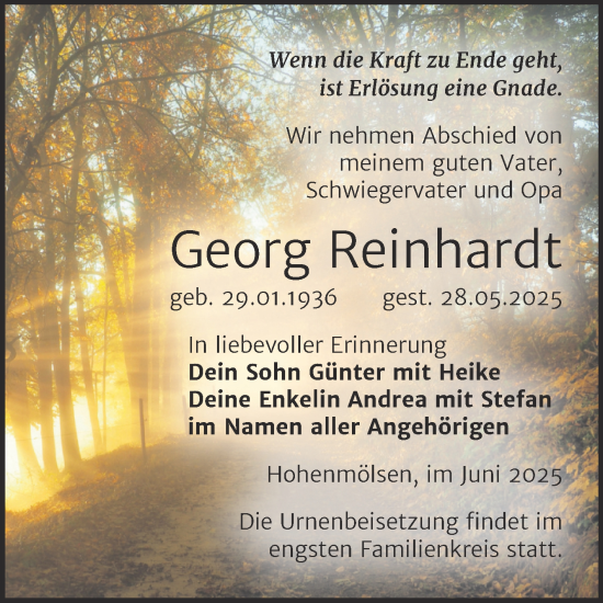 Traueranzeige von Georg Reinhardt von Trauerkombi Weißenfels