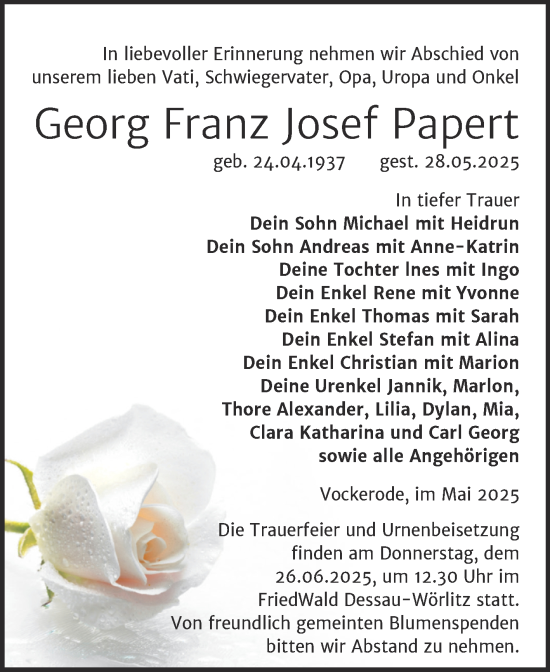 Traueranzeige von Georg Franz Josef Papert von Trauerkombi Wittenberg