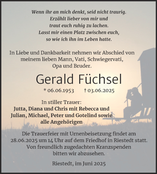 Traueranzeige von Gerald Füchsel von Trauerkombi Sangerhausen