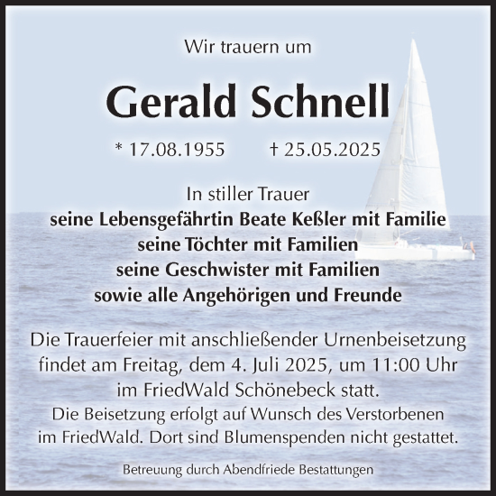 Traueranzeige von Gerald Schnell von Volksstimme Magdeburg