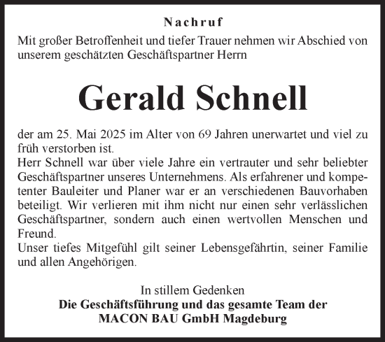 Traueranzeige von Gerald Schnell von Volksstimme Magdeburg