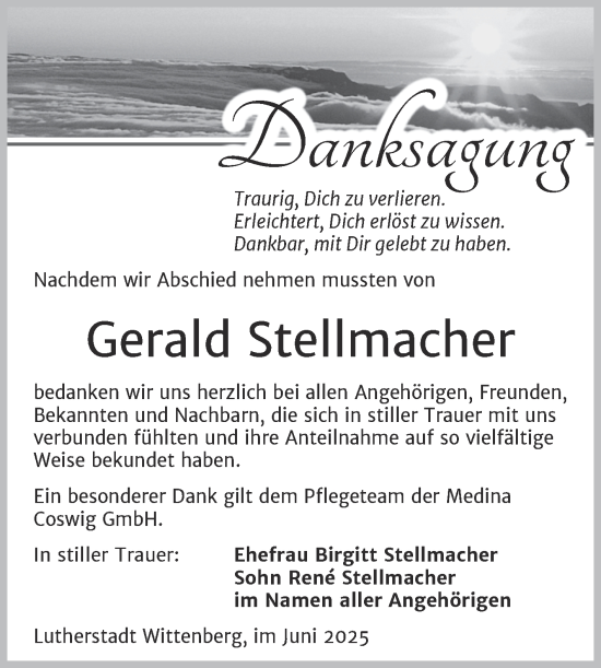 Traueranzeige von Gerald Stellmacher von Trauerkombi Wittenberg
