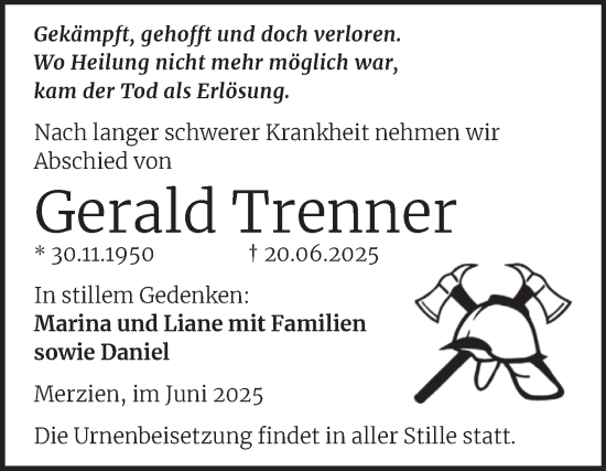 Traueranzeige von Gerald Trenner von Trauerkombi Köthen