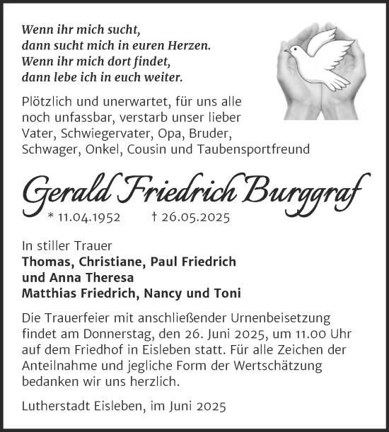 Traueranzeige von Gerald Friedrich Burggraf von Trauerkombi Mansfelder Land