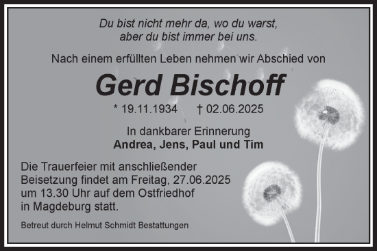 Traueranzeige von Gerd Bischoff von Volksstimme Magdeburg