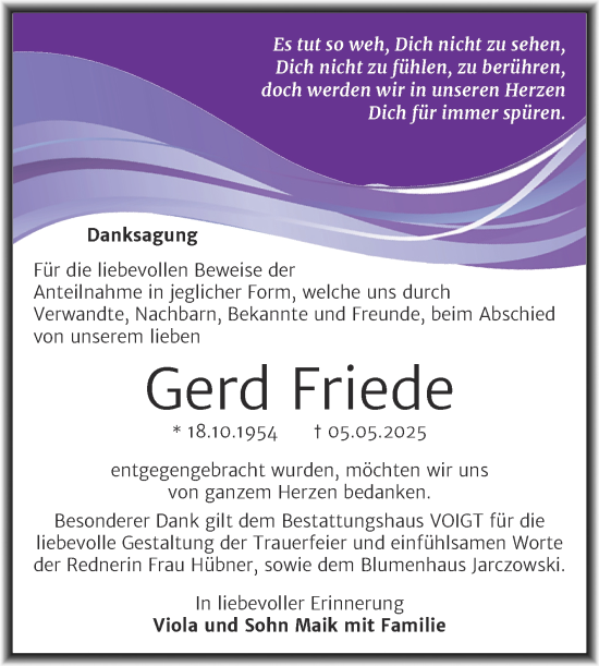 Traueranzeige von Gerd Friede von Trauerkombi Mansfelder Land