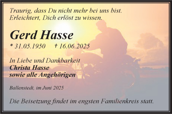 Traueranzeige von Gerd Hasse von Trauerkombi Quedlinburg