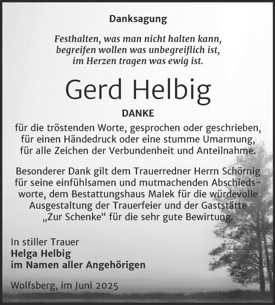 Traueranzeige von Gerd Helbig von Trauerkombi Sangerhausen