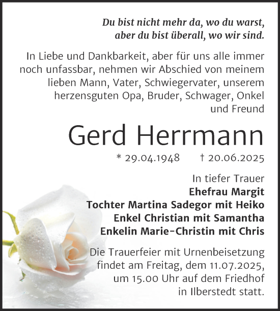 Traueranzeige von Gerd Herrmann von Trauerkombi Bernburg