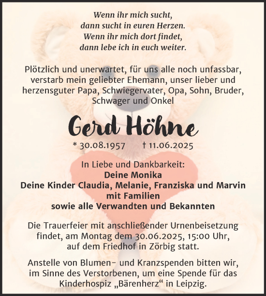Traueranzeige von Gerd Höhne von Trauerkombi Bitterfeld