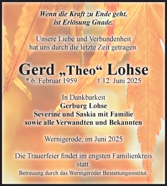 Traueranzeige von Gerd Lohse von Volksstimme Wernigerode