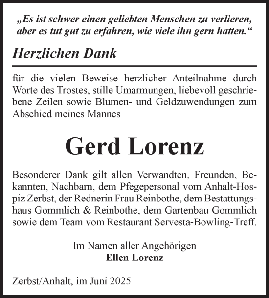Traueranzeige von Gerd Lorenz von Volksstimme Zerbst