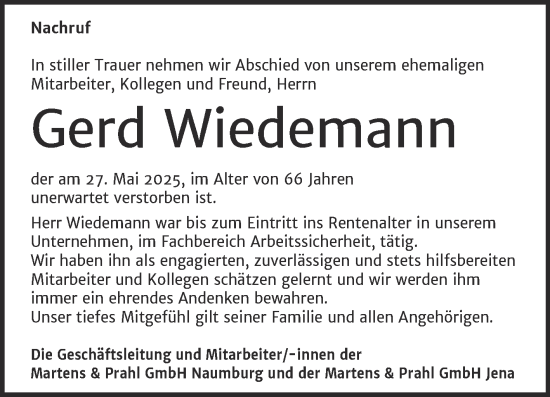 Traueranzeige von Gerd Wiedemann von Naumburger Tageblatt