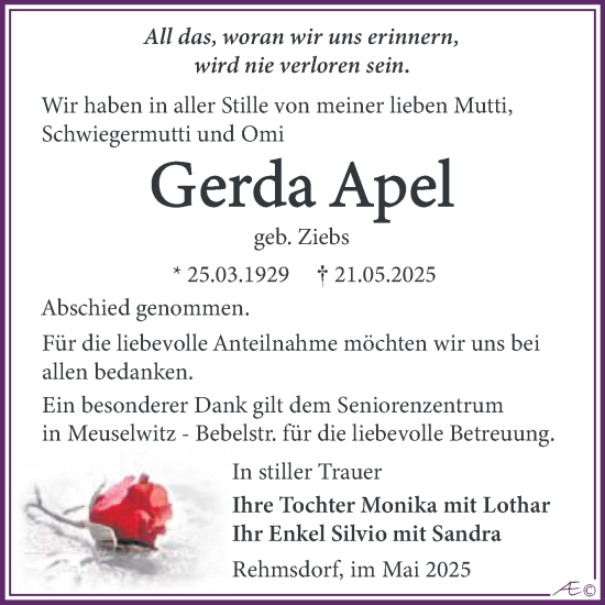 Traueranzeige von Gerda Apel von Trauerkombi Zeitz