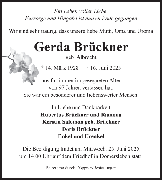 Traueranzeige von Gerda Brückner von Volksstimme Oschersleben/Wanzleben