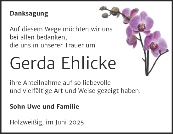 Traueranzeige von Gerda Ehlicke von Trauerkombi Bitterfeld