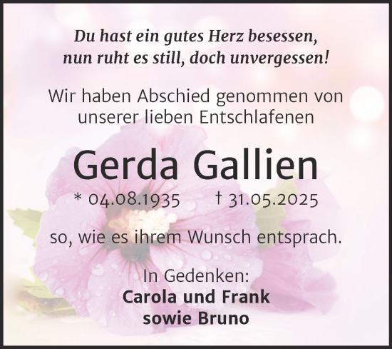 Traueranzeige von Gerda Gallien von Trauerkombi Wittenberg