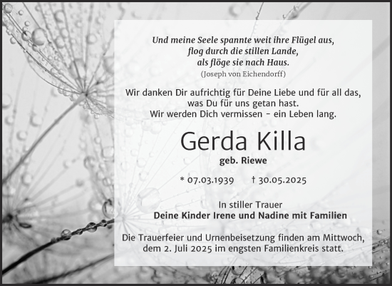 Traueranzeige von Gerda Killa von Trauerkombi Wittenberg