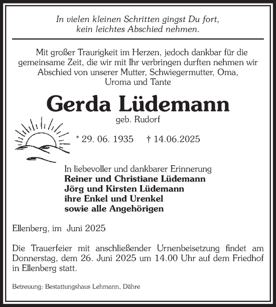 Traueranzeige von Gerda Lüdemann von Volksstimme Altmark West