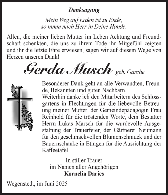 Traueranzeige von Gerda Musch von Volksstimme Haldensleben/Wolmirstedt
