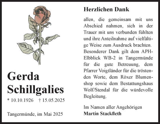Traueranzeige von Gerda Schillgalies von Volksstimme Altmark Ost